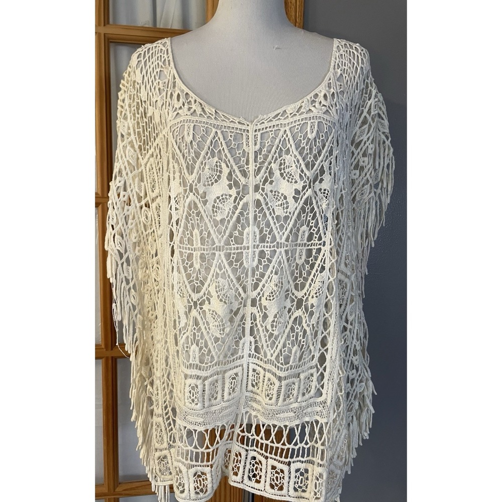 Soho Lady Open Knit Top One Size Plus Swim Cover Up Fringes Ivory Beach Coastal
